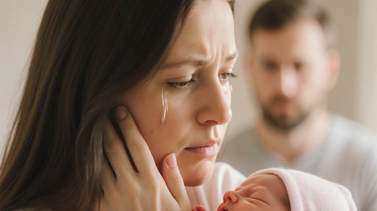 Katie Bates cradles her newborn's tiny hand with tears on her cheek and Travis Clark softly blurred behind her