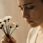 Katie Bates holding white bouquet with black stems while tears stream down her face in soft lighting