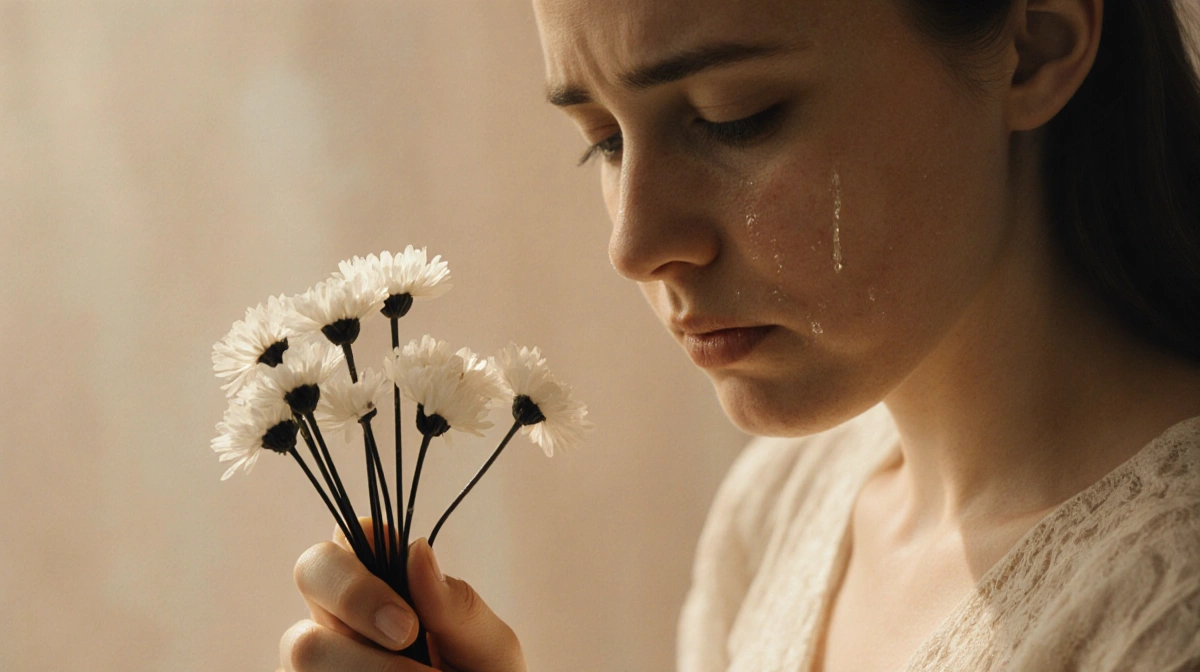 Katie Bates holding white bouquet with black stems while tears stream down her face in soft lighting