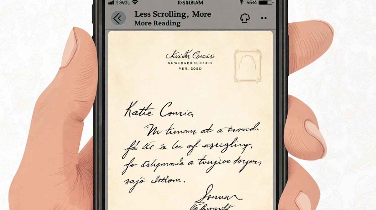 Katie Couric's phone shows vintage letter-style Instagram DM notification with elegant watermark and handwritten margin note