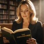 Katie Couric reading a book with The Correspondent on the cover and warm golden light illuminating her face in cozy library s