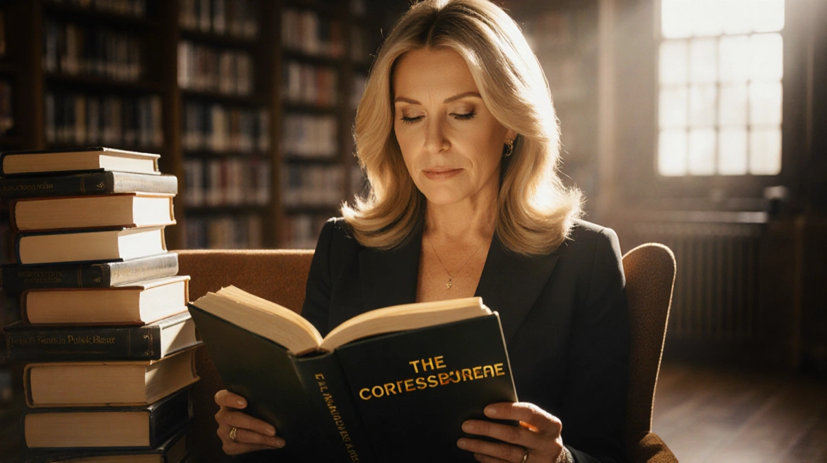 Katie Couric reading a book with The Correspondent on the cover and warm golden light illuminating her face in cozy library s