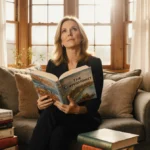 Katie Couric reading The Correspondent with books and golden light streaming through windows