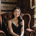Katie Leung smiles while sitting in velvet armchair surrounded by stacks of dusty books and tea cups with light in a study.