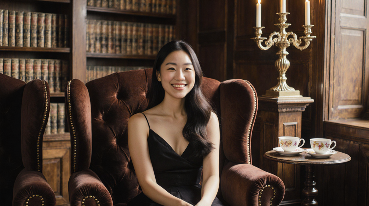 Katie Leung smiles while sitting in velvet armchair surrounded by stacks of dusty books and tea cups with light in a study.