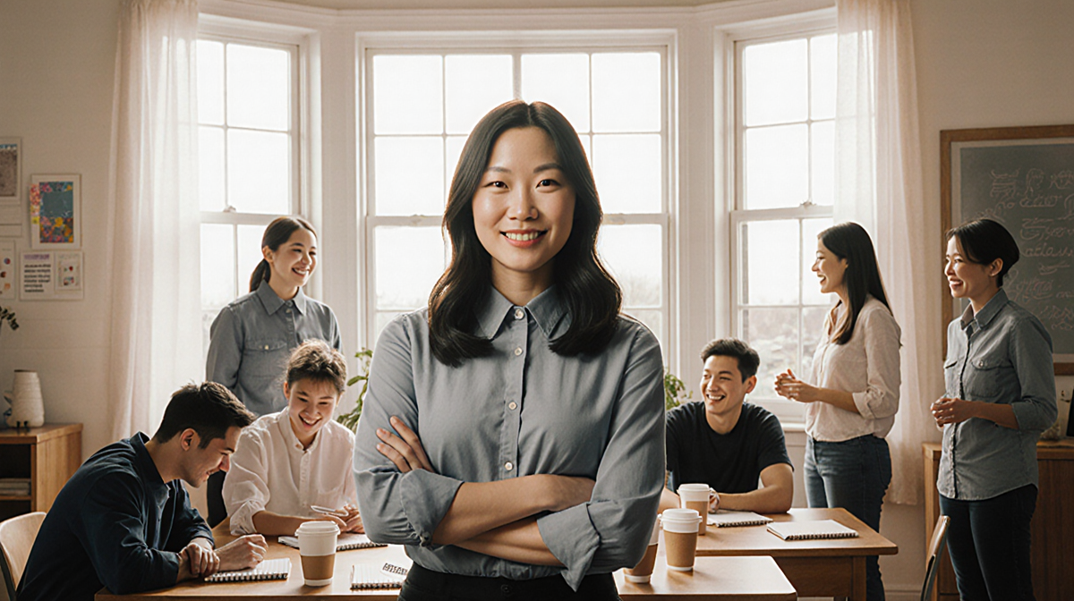 Katie Leung standing with coffee cup and notebooks amid new castmates in soft natural light and warmth