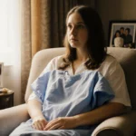 Katie Thurston sits on couch with hospital gown on lap and framed photos with mom showing in background