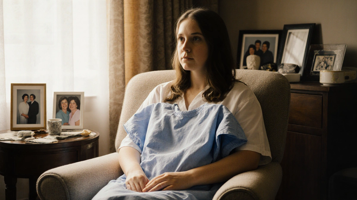 Katie Thurston sits on couch with hospital gown on lap and framed photos with mom showing in background