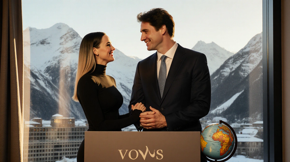 Katy Perry and Justin Trudeau stand at podium with hands clasped against a mountain backdrop and Davos Congress Centre window