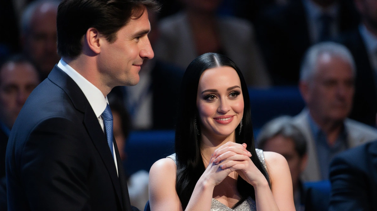 Katy Perry seated listening with hands clasped while Justin Trudeau speaks from podium in crowded auditorium soft power