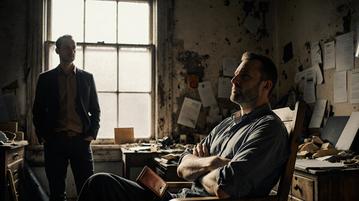 Kayce Dutton sits with arms crossed holding worn leather wallet as Pete Calvin stands beside him worried in a dim room.