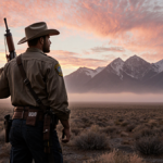 Kayce Dutton standing at dawn with a rifle slung over his shoulder against a pink sunrise and misty Montana mountains