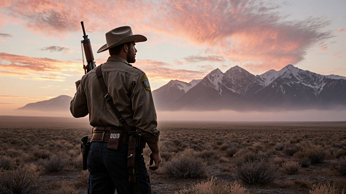 Kayce Dutton standing at dawn with a rifle slung over his shoulder against a pink sunrise and misty Montana mountains