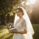 KayCee Stroh holds a wedding photo and pearl box with lace veil flowing and golden light filtering through trees