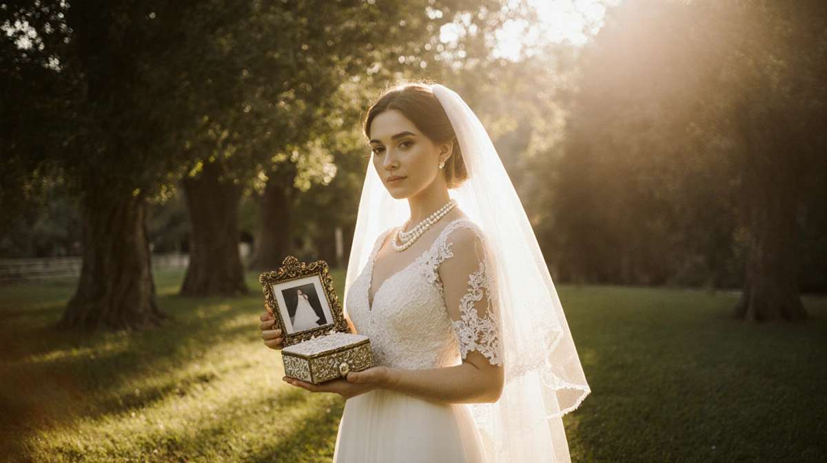 KayCee Stroh holds a wedding photo and pearl box with lace veil flowing and golden light filtering through trees
