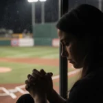 Kayla Vesia sits on a bench with hands clasped, tears on her cheeks, loss, with a blurred baseball field in the background.