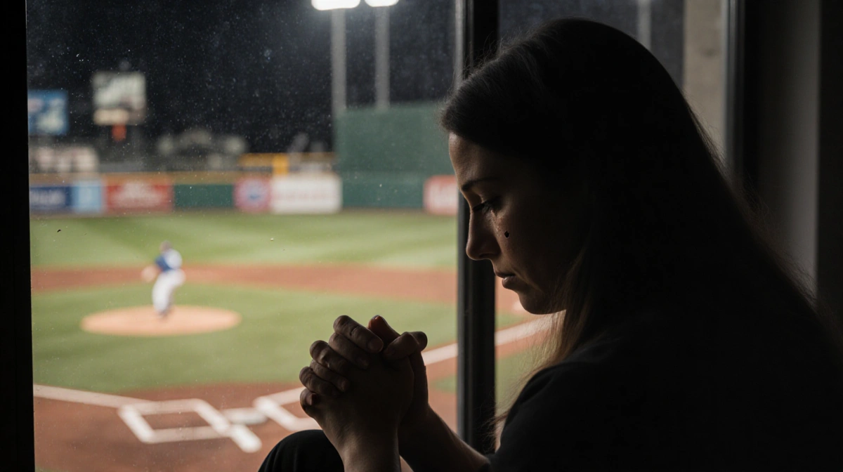 Kayla Vesia sits on a bench with hands clasped, tears on her cheeks, loss, with a blurred baseball field in the background.