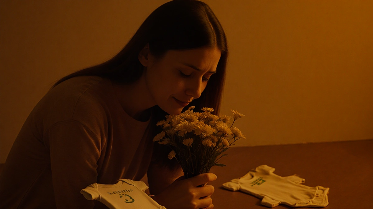 Kayla Vesia sits holding a bouquet of flowers with a faint baby onesie on the floor beside her warm room sad and grateful
