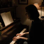 Kayla playing piano with family photos nearby and framed picture showing on shelf