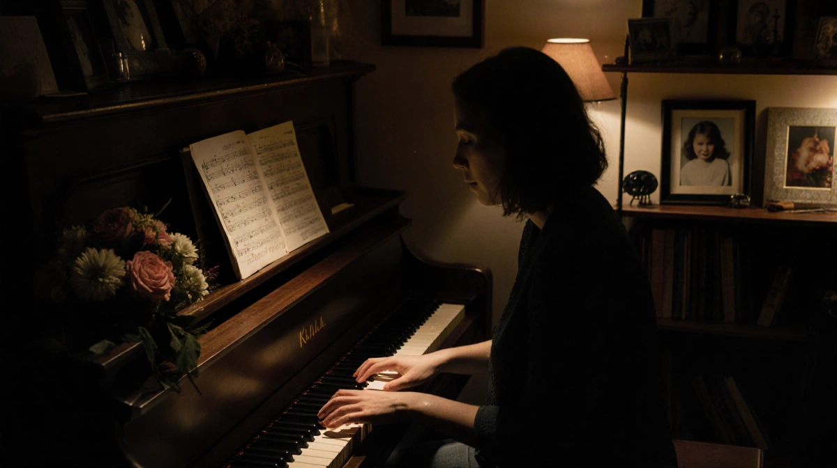 Kayla playing piano with family photos nearby and framed picture showing on shelf