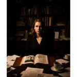 K.C. Baker studies investigative notes at her cluttered desk with law books and a news clipping visible