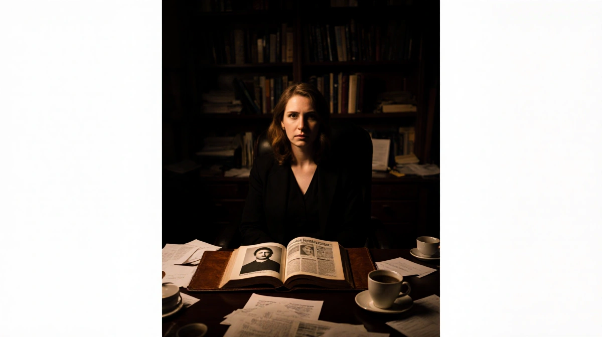 K.C. Baker studies investigative notes at her cluttered desk with law books and a news clipping visible