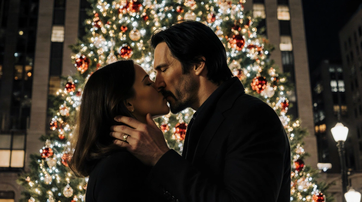 Keanu Reeves kissing Alexandra Grant under Rockefeller Center Christmas tree with twinkling lights and festive decorations