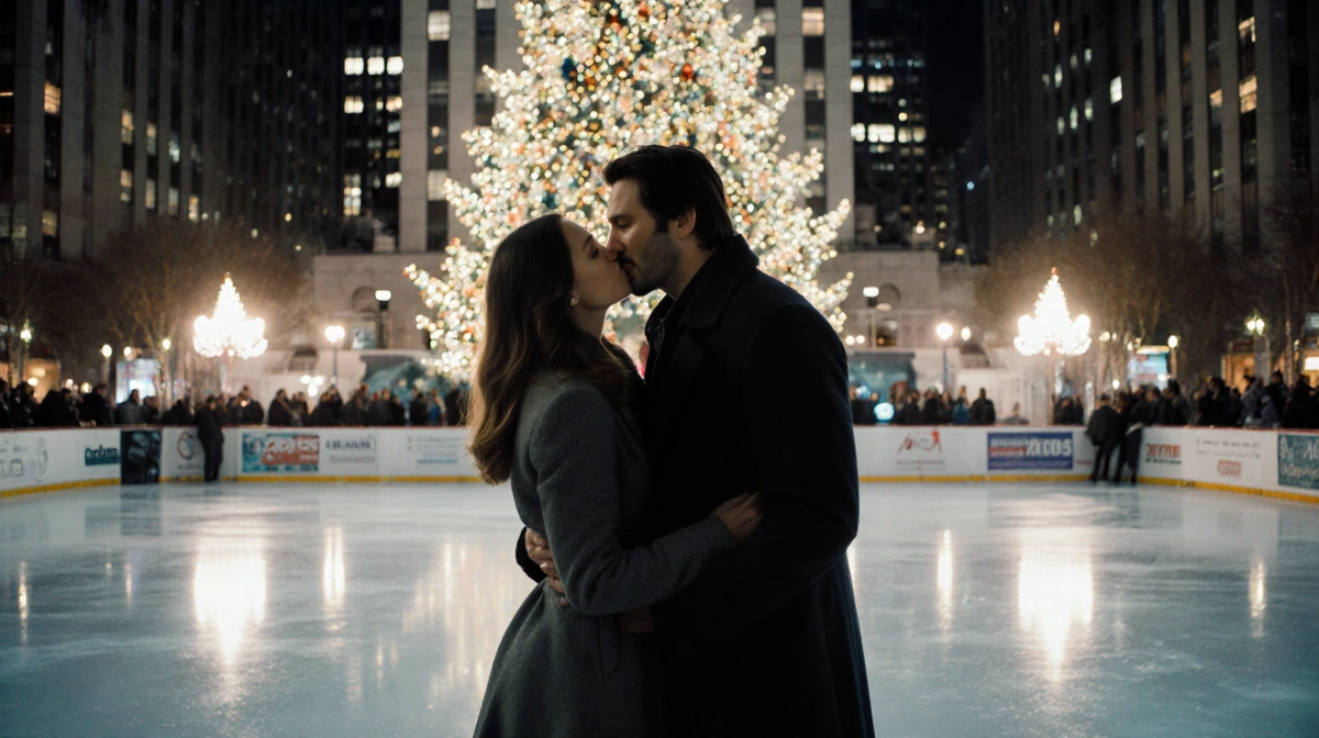 Keanu Reeves and Alexandra Grant kissing under the Rockefeller Center Christmas tree with twinkling lights and ice rink behin