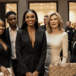 Keke Palmer standing with shoplifters holding luxury goods and Demi Moore looking shocked near blurred storefronts.