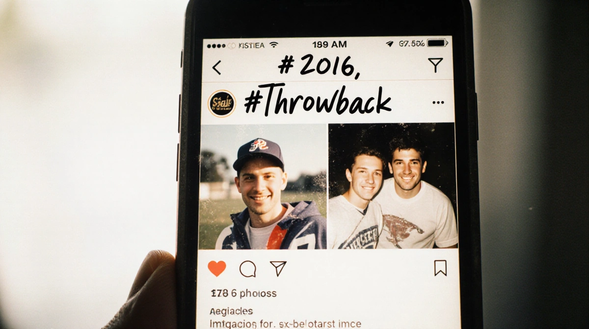 Split smartphone screen shows Jason and Travis Kelce throwback Instagram photos with retro filters and handwritten hashtags