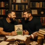Travis and Jason Kelce holding their new book No Dumb Questions with football memorabilia and books on desk