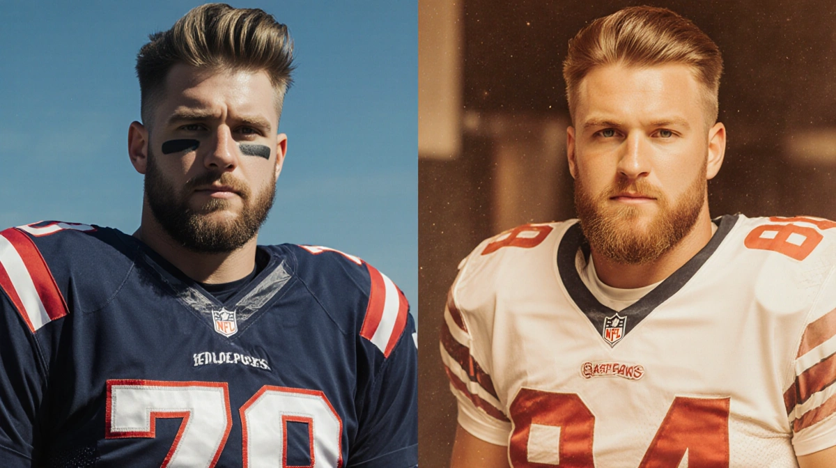 Travis and Jason Kelce posing side by side with 2016 and 2023 photos showing their NFL style evolution