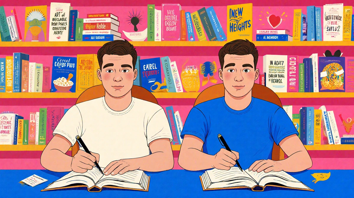 Jason and Travis Kelce sit with pens near bookshelf holding silly books like Cereal Bowl Etiquette