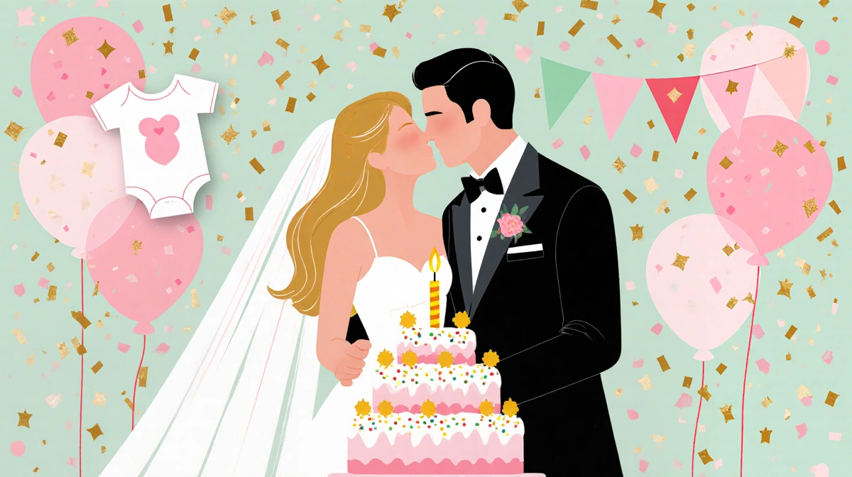 Kelcey and Nate share romantic moment at wedding cake with pastel confetti and baby onesie hinting in background