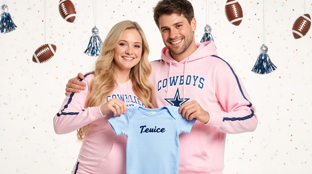 Kelcey and Nate hold a personalized baby onesie with football and pom-pom decorations showing their Dallas Cowboys cheerleade