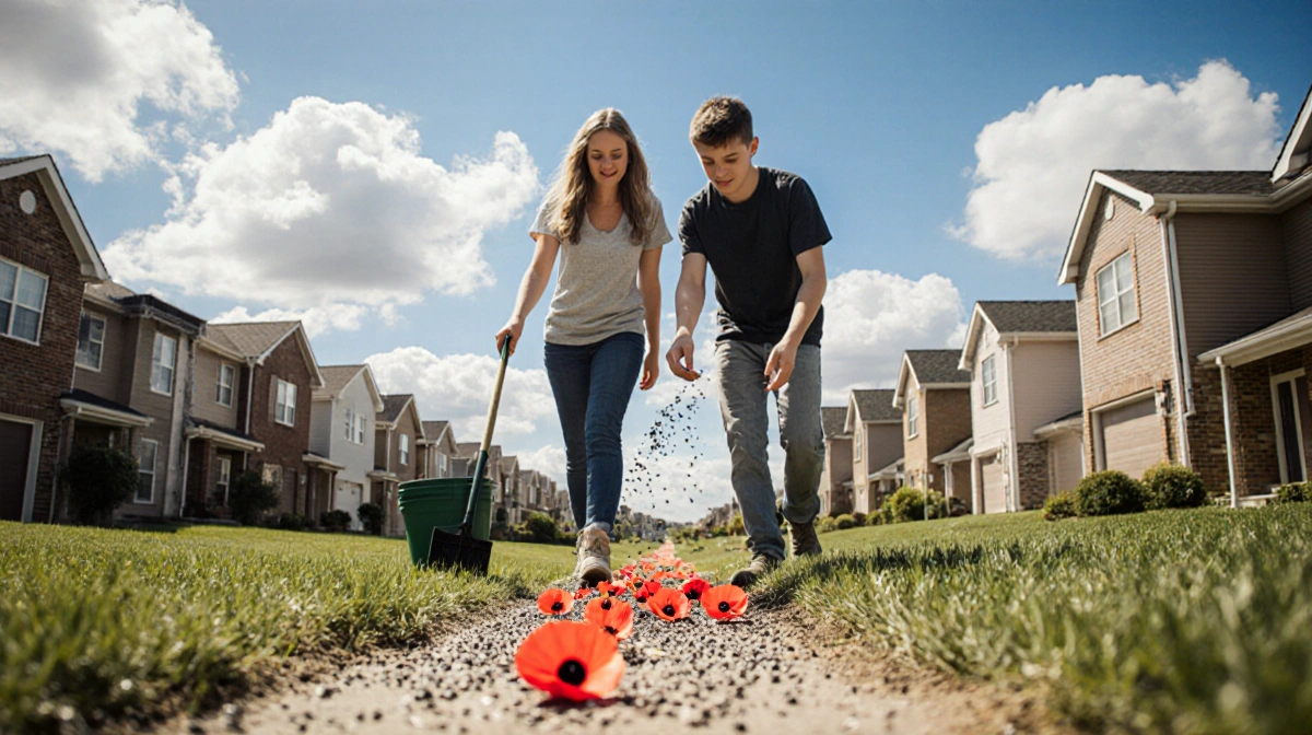 Kellie Evans and son Duncan scatter poppy seeds in empty yards with gardening tools and blue sky above