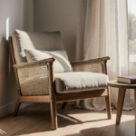 Armchair sits beside a floor-to-ceiling window with soft natural light and a leather-bound book on a wooden side table.