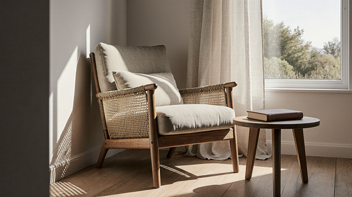 Armchair sits beside a floor-to-ceiling window with soft natural light and a leather-bound book on a wooden side table.