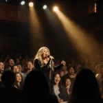 Kelly Clarkson singing passionately with golden stage light and crowd singing along