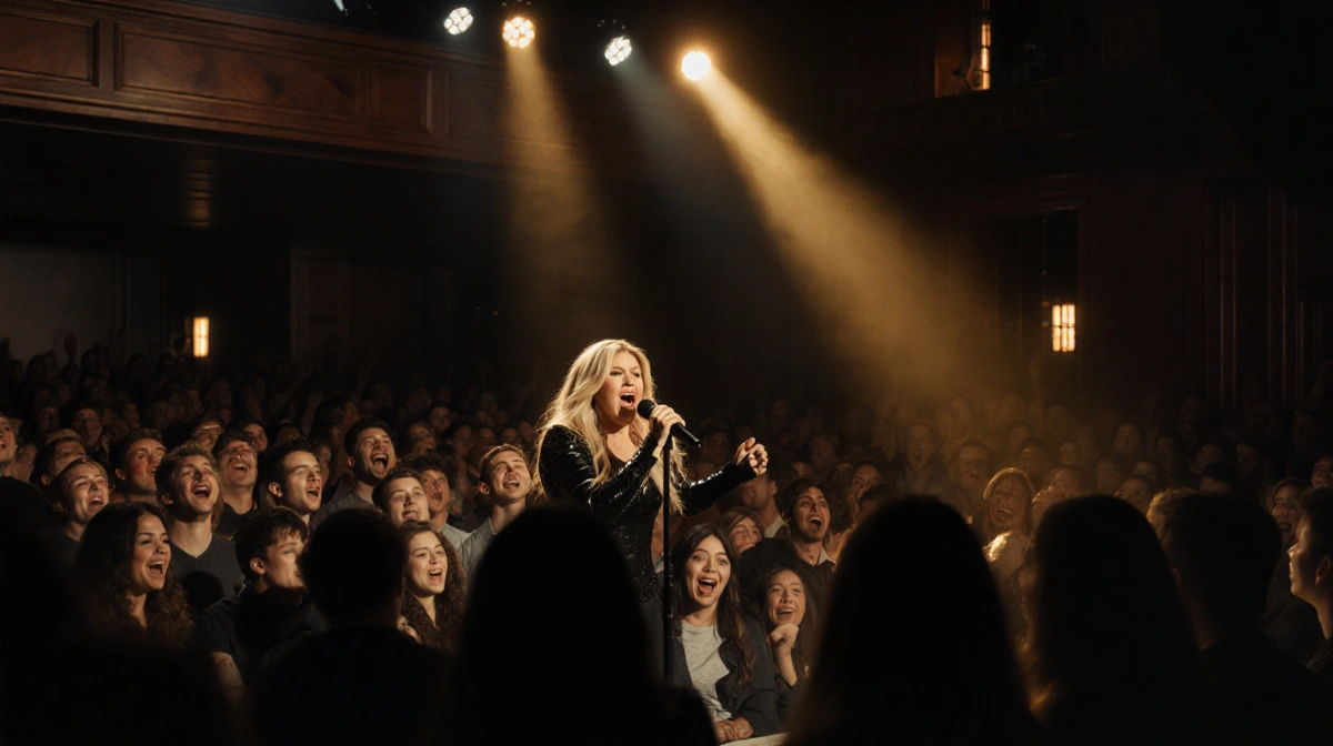 Kelly Clarkson singing passionately with golden stage light and crowd singing along