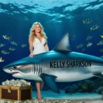 Kelly Clarkson swimming beside a large engraved shark with treasure chests of money on the ocean floor