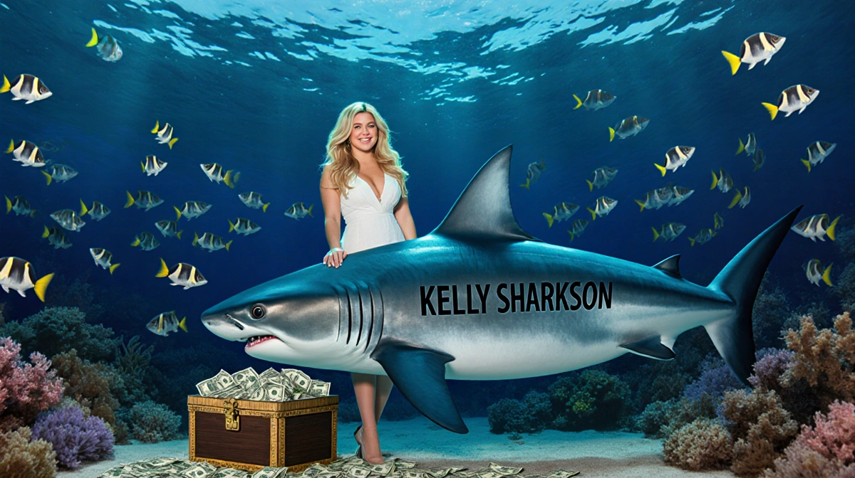Kelly Clarkson swimming beside a large engraved shark with treasure chests of money on the ocean floor