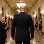 Senator Mark Kelly stands with clenched fists facing Defense Secretary Pete Hegseth in Pentagon hallway with American flags a