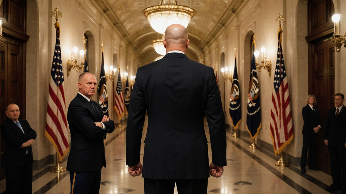 Senator Mark Kelly stands with clenched fists facing Defense Secretary Pete Hegseth in Pentagon hallway with American flags a