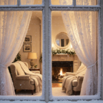 Frosted glass reveals warm living room with glowing fireplace and snowy facade.