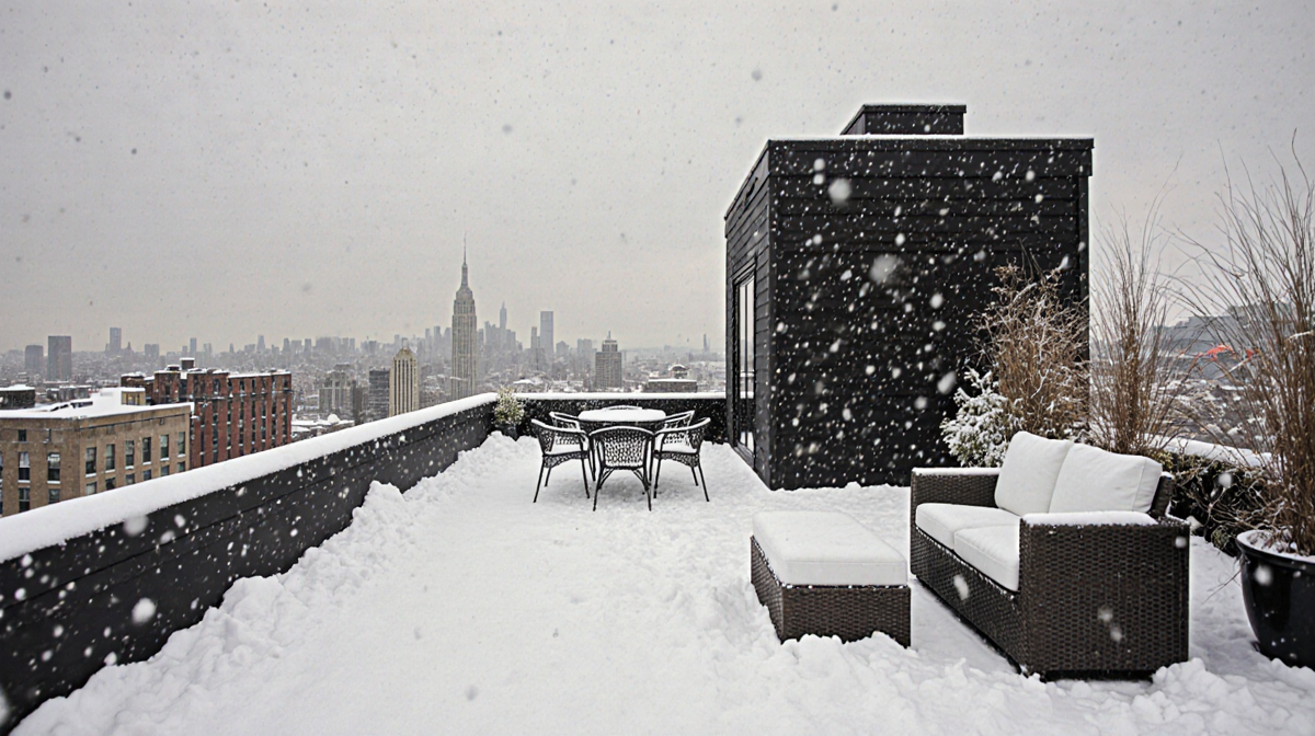 Snow covers rooftop terrace in New York City with deep drifts and dark silhouette and falling flakes.