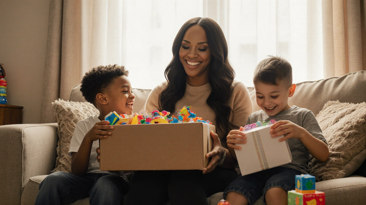 Kelly Rowland sitting with her children on couch as Titan holds delivery box and Noah unwraps gift