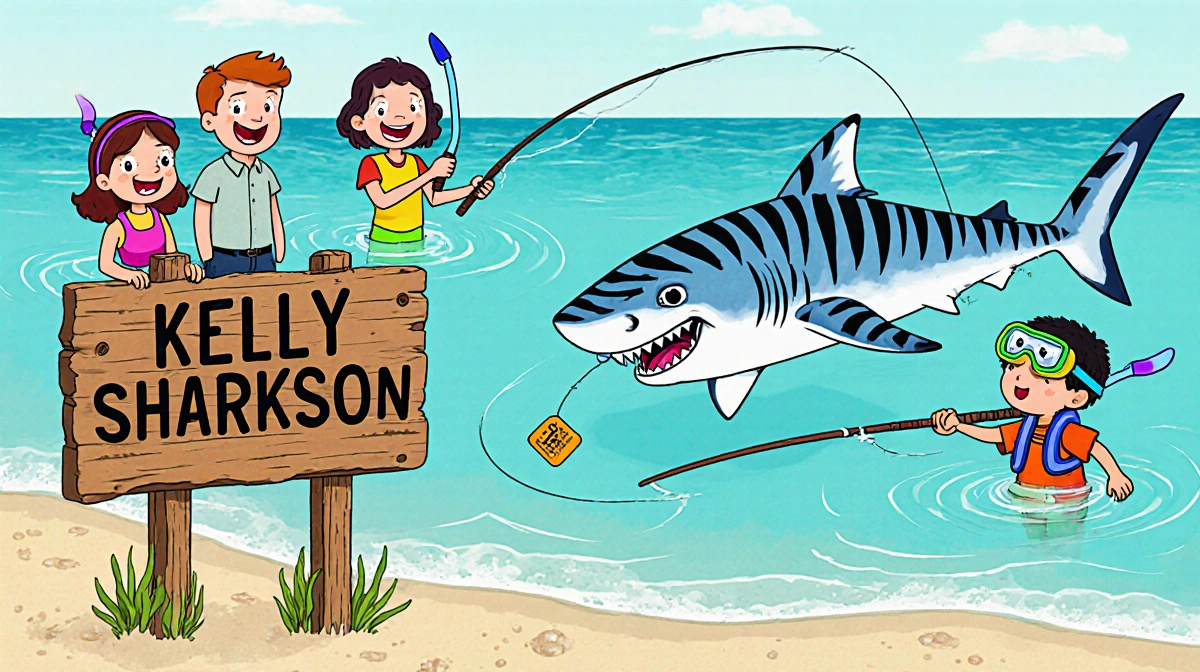 A striped tiger shark swims in a shallow pool with excited kids holding fishing rods and snorkeling gear beside a Kelly Shark