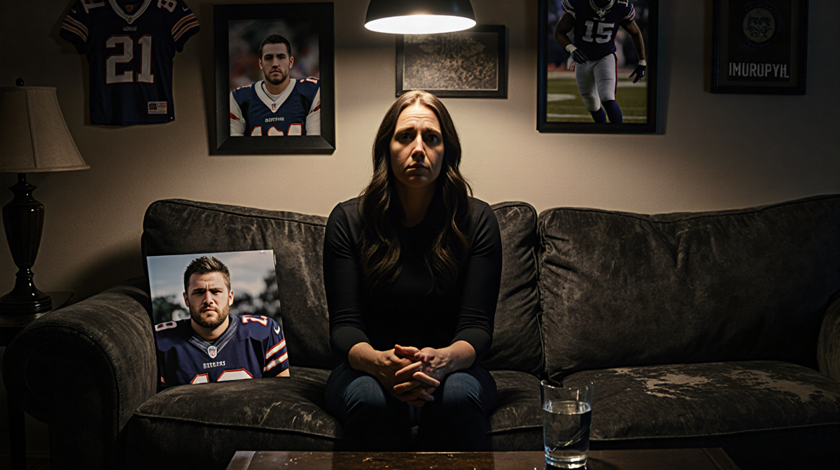 Kelly Stafford staring at a photo of Matthew with a half‑empty glass of water and a tear on its rim