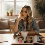 Kelsea Ballerini sits thoughtfully at kitchen table with coffee and children